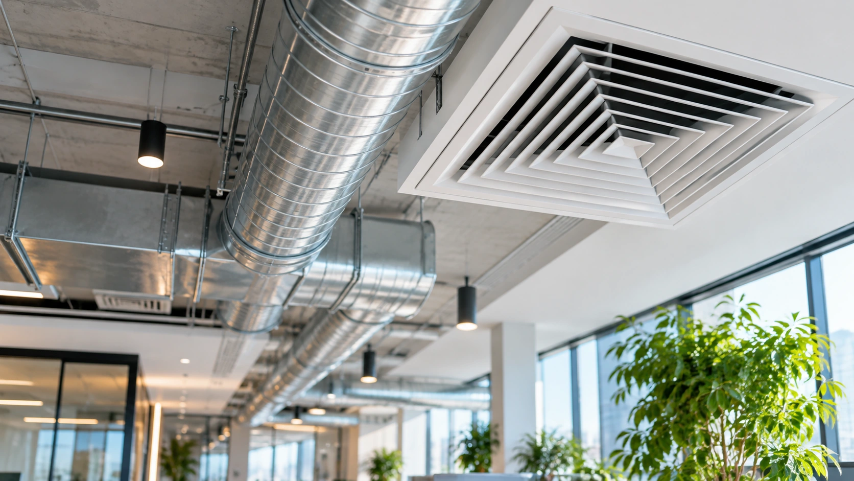 Installation de ventilation dans un espace commercial lumineux, avec conduits métalliques et diffuseur de plafond